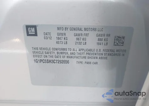 2012 Chevrolet Cruze Ls из США, поврежденный, VIN 1G1PC5SH3C7292656